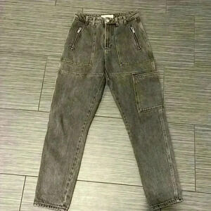 Topshop Women's Washed Black Mom High Rise Cargo Pocket Denim Jeans Size 28